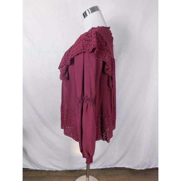 Knox Rose Boho Eyelet Blouse M Burgundy Ruffle Witchcore Top - Picture 3 of 12